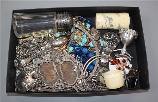 A group of assorted costume jewellery and other items including late Victorian silver photograph frame.